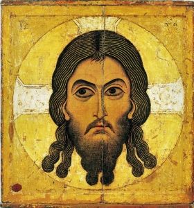 This icon (c. 1100) from the Novgorod School was meant to portray the original Image of Edessa (4<sup>th</sup> century), which had been lost.