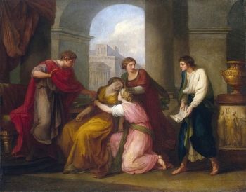 Angelica Kauffman's <i>Virgil reading the Aeneid to Augustus and Octavia</i> (1788) is a Neoclassical treatment that depicts the Emperor and his sister Octavia, who has fainted following Virgil's reading of the part of the <i>Aeneid</i> that honored her dead son Marcellus.