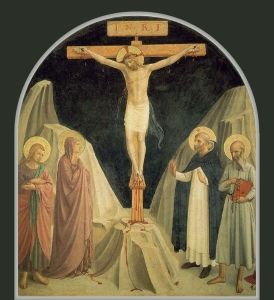 Fra Angelico and assistants, <i>The Crucifixion with the Virgin, Saint John the Evangelist, Saint Dominic, and Saint Gerome</i> (c.1439-44), one of the many frescos that adorned the walls of the cells where friars slept in the convent at San Marco